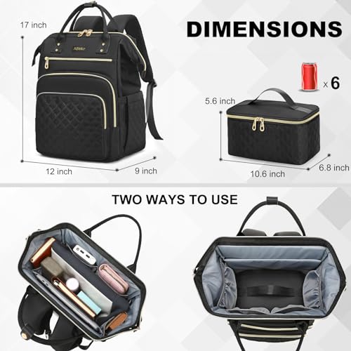 AIJIEKE Lunch Backpack for Women, 15.6 Laptop Backpack, Lunch Box, Black | Water resistant computer bag with insulated leakproof cooler. Travel meal prep backpack for nurse, teacher, college commute - color: Black