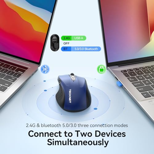 TECKNET Rechargeable Jiggler Wireless Mouse (BT5.0/3.0 & 2.4G) 4800 DPI Silent USB A & Bluetooth Mouse 6 Buttons, Wide Compatibility - Blue - color: Blue
