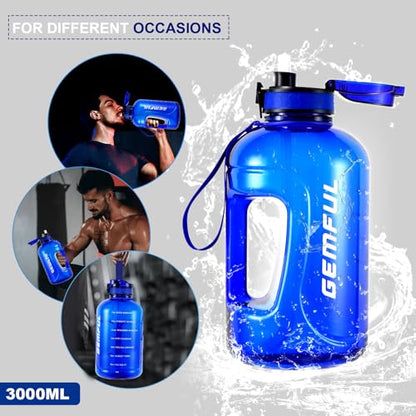 GEMFUL 3L and 2.2L Water Bottle with Handle Large Capacity Leakproof BPA-Free Time Marker Motivational Jug for Outdoor Camping Fitness Men & Women