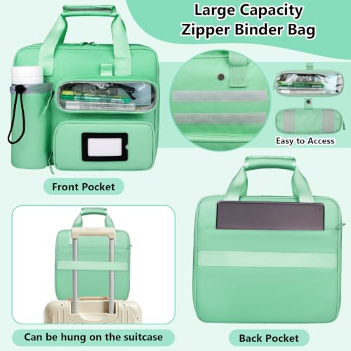 SIYNPAV 3 Inch Zipper 3 D-Ring Binder Bag, 700 Sheet Portfolio Organizer with Shoulder Strap, 13 Inch Laptop Sleeve, Pen& Bottle Pocket for Middle School, Green - color: Mint Green
