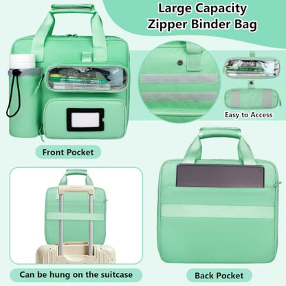 SIYNPAV 3 Inch Zipper 3 D-Ring Binder Bag, 700 Sheet Portfolio Organizer with Shoulder Strap, 13 Inch Laptop Sleeve, Pen& Bottle Pocket for Middle School, Green - color: Mint Green