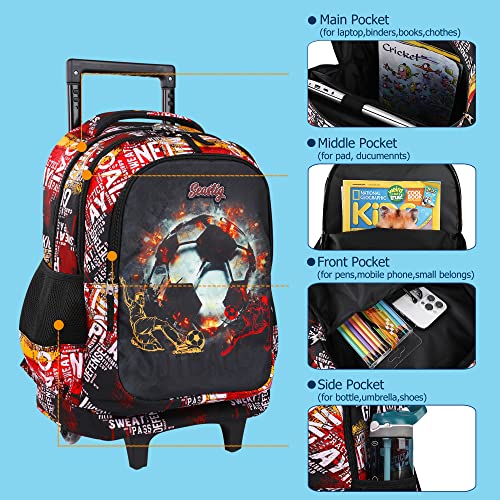 seastig Rolling Backpack for Girls and Boys Wheeled Backpack for Kids 18 inch Double Handle Backpack with Wheels Children Luggage Bag - color: Football Black