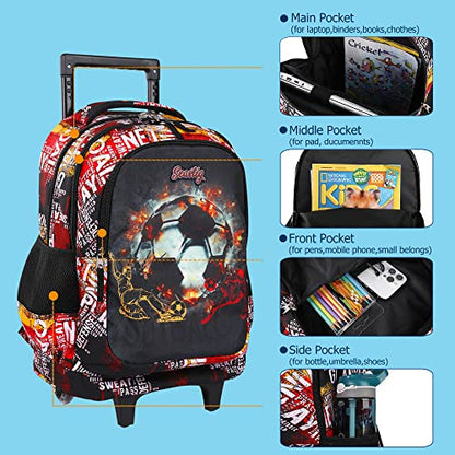 seastig Rolling Backpack for Girls and Boys Wheeled Backpack for Kids 18 inch Double Handle Backpack with Wheels Children Luggage Bag - color: Football Black