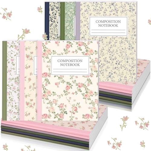 MotiMind 6 Pcs Pastel Wildflower Composition Notebook College Ruled Back to School Pink Purple Wide Ruled Composition Book 110 Page 7-1/2" x 9-3/4" Aesthetic Cute Journal for Teacher Class Office - style: Morandi