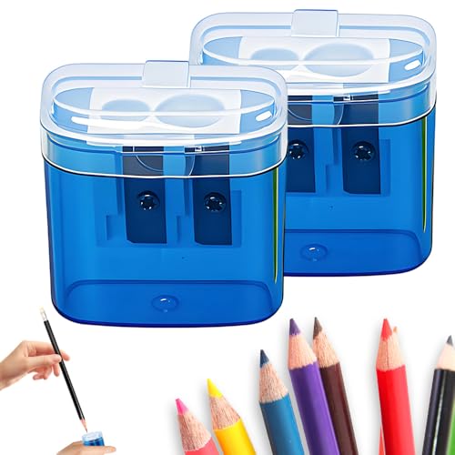 Pencil Sharpeners, Handheld Pencil Pharpener with Lid, 2 Holes Mini Compact Colored Pencil Sharpener Manual for Classroom, Back to School, Home & Office, Sacapuntas de lapiz (Blue 2PCS) - color: Blue 2pcs