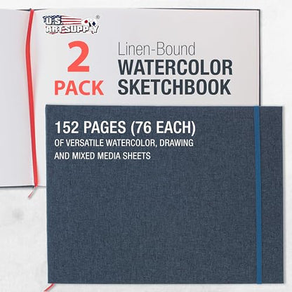 U.S. Art Supply 9" x 12" Watercolor Book (2 Pack, 76 Sheets Each) - 110lb (230 GSM) Linen-Bound Hardcover Artist Paper Pads - Acid-Free Cold-Pressed Watercolor Paper Pad Mixed Media - size: 9-x-12-inch