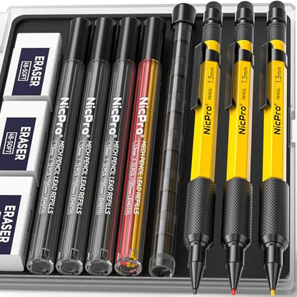 Nicpro 3 PCS 1.3 mm Mechanical Pencil Set with 48 Lead Refills, 3 Eraser - Weatherproof Metal Barrel, Heavy Duty Carpenter Pencil MP2000 for Outdoor Marking Drafting Drawing Woodworking - with Case - style: 3 Pack (Yellow)
