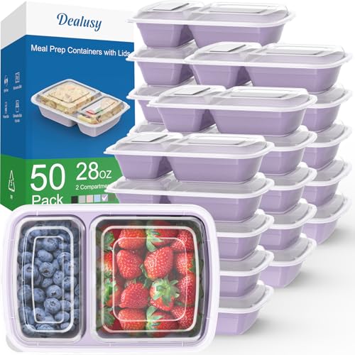 Dealusy 50 Pack (100-Piece) 28 oz Meal Prep Containers Reusable with Lids 2-Compartment, Sturdy Leakproof Food Safe, Microwave Freezer Dishwasher Safe, To Go Take Out Plastic Food Storage, Lilac - color: Lilac