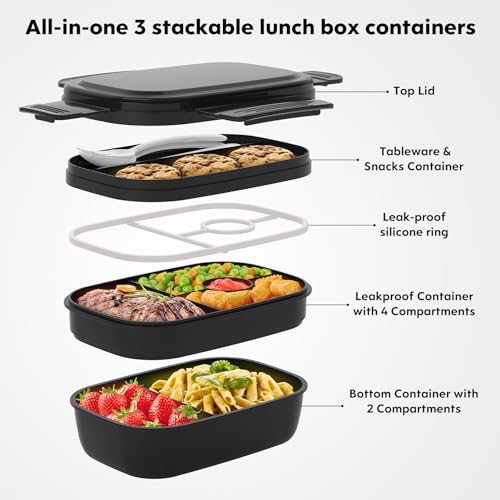 HOMETALL Bento Box Adult, Lunch Box Containers for Men Women with 8 Compartments, Lunch Containers with Utensils, 51 OZ/1900ML, Microwave & Dishwasher Safe - color: Black