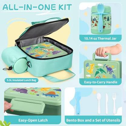REDSHELL Bento Lunch Box for Kids Set, Leakproof Food Jar Pail with Insulated Bag, Toddler Snack Container Lunchbag for Girls Daycare, Back to School Lunchbox Kit, Includes Bottle Holder Strap, Green
