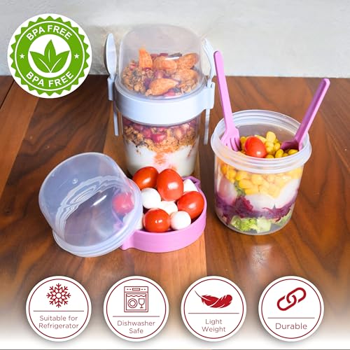 salda 4 Pack 22 oz Breakfast On the Go Cups, Take and Go Yogurt Cup with Topping Cereal Cup with spoon and fork, Overnight Oats or Oatmeal Container Jar, Colorful Set of 4