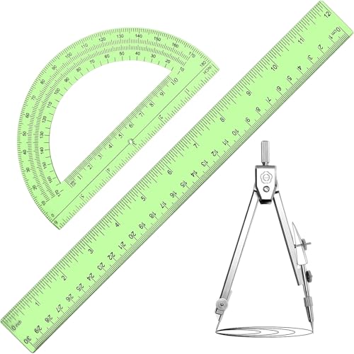 Zonon 3 Pcs Plastic Ruler 6 Inch Protractor Drawing Compass Set, Student Geometry Math Transparent Measuring Tools for Home School Classroom Office Supplies(12 Inch,Green) - color: Green, size: 12 Inch