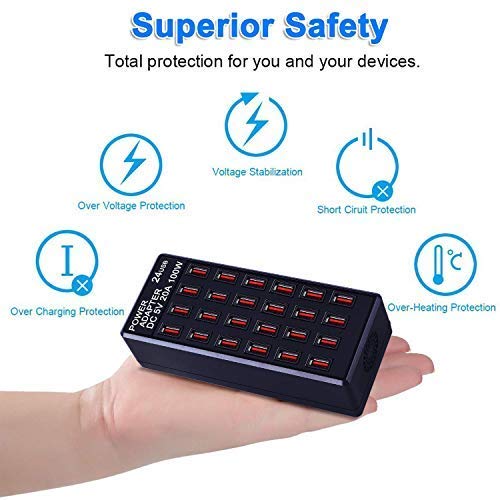 24-Port 100W (20 A) USB Charging Station, Home-Sized Desktop USΒ Fast Charger, Multiple USB Desktop Chargers for Hotels, Schools, Shops, Shopping malls and Travel