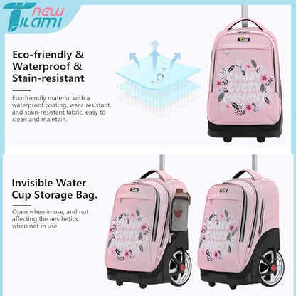 NEW TILAMI Rolling Backpack 19 inch with Lunch Bag Teens Cute Wheeled Computer Laptop Backpack Bookbag Roller Travel Bag College, Flower Pink - color: Flower Pink