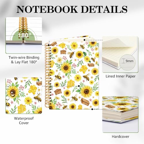 ERHACHAIJIA Sunflower & Bee Hardcover 160 Pages Lined Spiral Notebook, Funny Floral Ruled Journal for Women Flower Lover Bee Lover, Writing and Meditation Notebook Gifts, Mother's Day Birthday Gifts - color: Yellow-Brown