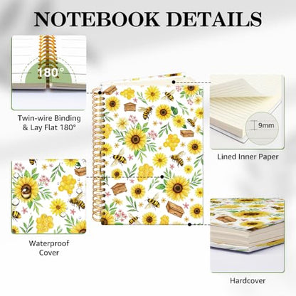 ERHACHAIJIA Sunflower & Bee Hardcover 160 Pages Lined Spiral Notebook, Funny Floral Ruled Journal for Women Flower Lover Bee Lover, Writing and Meditation Notebook Gifts, Mother's Day Birthday Gifts - color: Yellow-Brown