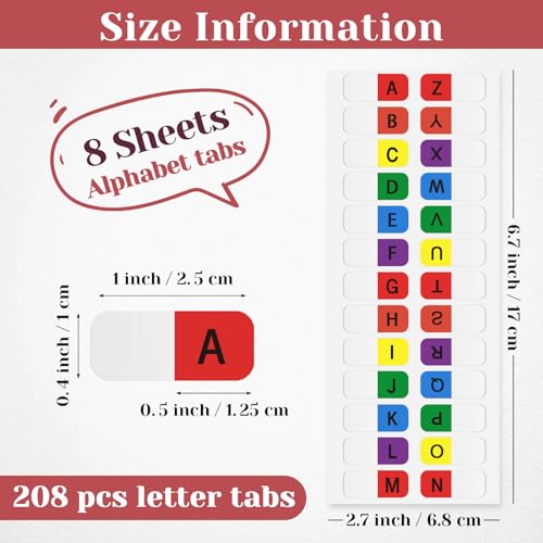A-Z Sticky Alphabet Tabs, Colorful Self-Adhesive Letter Index Tabs for Notebook, Textbook, Dictionary, and Filing (208 Pcs) - color: Multicolour