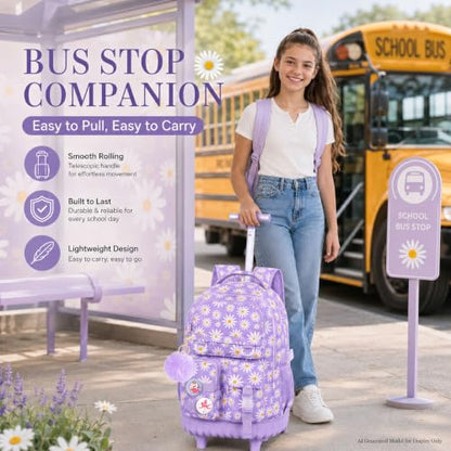 WZLVO 3PCS Girls Rolling Backpack, Water Resistance Roller Bookbag, Women Aesthetic Wheeled School Bag Set with Lunch Bag & Pencil Bag for Teens & Kids - Purple Chrysanthemum - color: 3pcs Girls Rolling Backpack - Purple Chrysanthemum