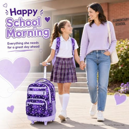 3Pcs Rolling Backpack for Girls, 19" Kids Wheeled Bookbag with Lunch Box, Roller Bag for Elementary Travel (Purple) - color: Starry Sky Purple