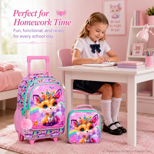 3Pcs Rolling Backpack for Girls, Fox Roller Bookbag with Lunch Box, Kids School Backpacks with Wheels for Elementary Preschool(Yellow) - color: Fox Yellow