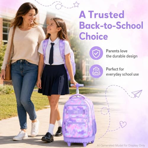 3Pcs Rolling Backpack for Girls, 19 Inche Women Roller Bag with Wheels for Adults, Wheeled Bookbag with Lunch Box(Purple) - color: Tie-dye Purple