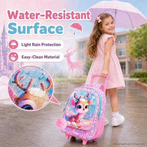 gxtvo Girls Rolling Backpack, Cute Deer Roller Wheels Kids Bookbag - Wheeled Elementary School Bag - 3PCS Deer - color: Uv Printing Clouds Sika Deer Rolling Backpack