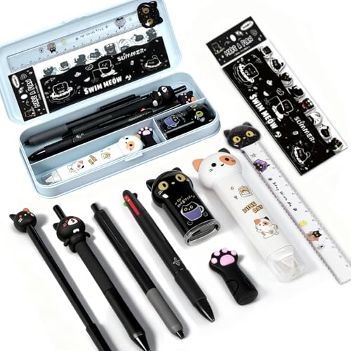10Pcs Black Cute Cat Stationery Set Cat School Supplies Kawaii Japanese Stationery Birthday GIFS Including Pens Pencil Sharpener Highlighter Eraser Correction Tape Ruler for Office School Supplies - style: black kawaii cat