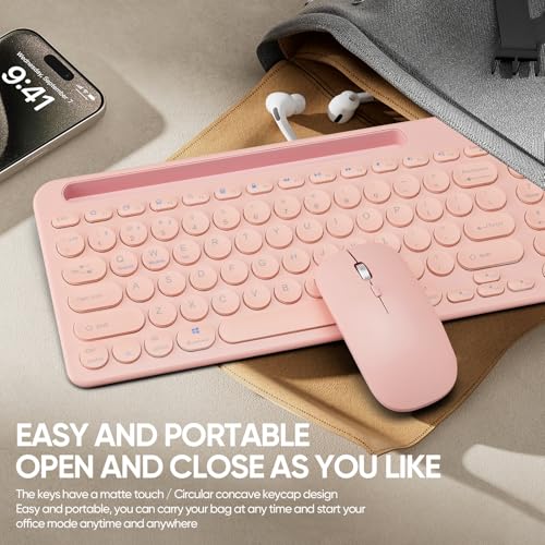 Wireless Keyboard and Mouse Combo with Phone Tablet Holder, Rechargeable Dual-Mode (Bluetooth 5.0 and 3.0 +2.4G) Multi-Device Silent Mouse for Windows, iPad, Tablet, MacOS,iOS,Android (Pink) - color: pink