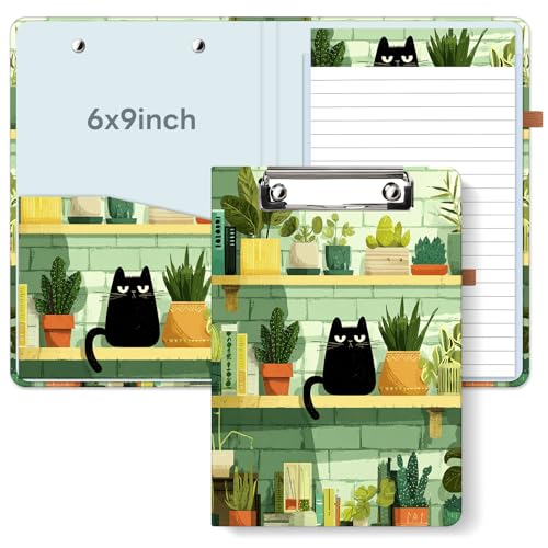 A5 Clipboard Folio with No-Spiral Design, 6x9 in Refillable Notepad Portfolio, 12 Cute Cat & Marble Floral Designs Travel-Friendly for Work, School, Cute Cafe Cat - color: Cute Cafe Cat