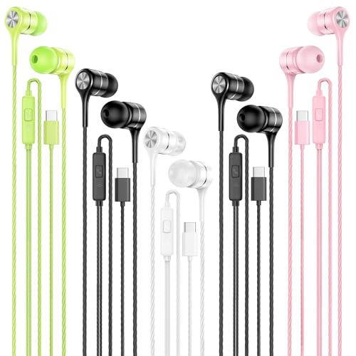 LWZCAM Wired Earbud 5 Pack with USB-C Stereo Headphones with Microphone | Works with iPad, Android, USB-C devices. Ideal for work, travel, gaming. In-ear fit, tangle-free cord, clear sound - color: Green