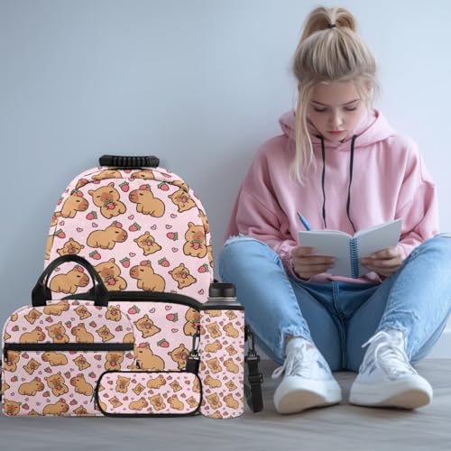 Strawberry Capybara 17 Inch School Bag Set for Boys 4 Pieces Soft Daily Kids Backpack with Lunch Box, Pencil Pouch & Water Bottle Holder for Elementary Ages 6-12 - color: Strawberry Capybara Print