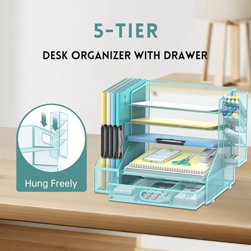 5-Tier Desk Organizer with File Holder & Pen Holder & Sliding Drawer, Blue | Mesh Metal Paper Letter Tray for Papers, Mail, Office Supplies, and Desk Accessories - color: Blue