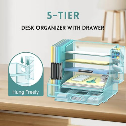 5-Tier Desk Organizer with File Holder & Pen Holder & Sliding Drawer, Blue | Mesh Metal Paper Letter Tray for Papers, Mail, Office Supplies, and Desk Accessories - color: Blue