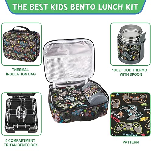 Pawtong Bento Lunch Box Set With 10oz Soup Thermo, Leak-proof Lunch Containers with 4 Compartment, Kids Hot Thermo Food Jar/Insulation Lunch Bag, Food Containers for School (Black-Games) - color: Black-Games
