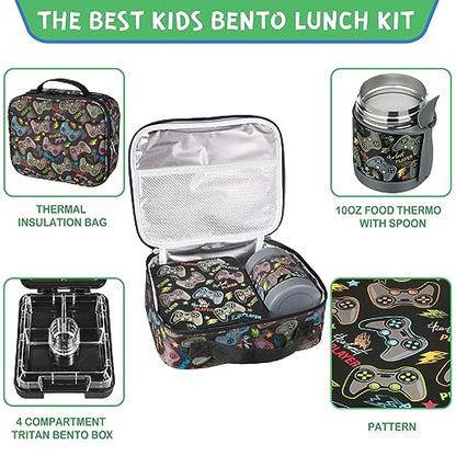 Pawtong Bento Lunch Box Set With 10oz Soup Thermo, Leak-proof Lunch Containers with 4 Compartment, Kids Hot Thermo Food Jar/Insulation Lunch Bag, Food Containers for School (Black-Games) - color: Black-Games