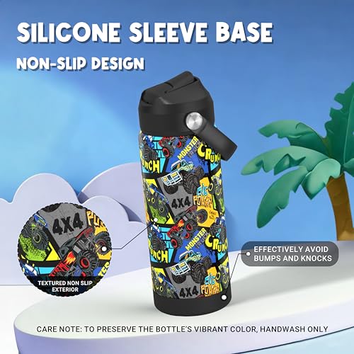 Boys Monster Truck Power Water Bottle for School，Kids 18 oz Insulated Stainless Steel Cup with Straw, Double-Wall Vacuum Leakproof - color: C10.Monster Truck-Power
