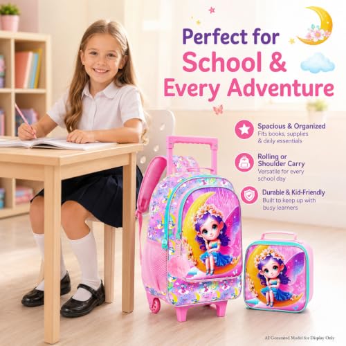 3PCS Kids Rolling Backpack, Girls Roller Wheels Bookbag, Wheeled Elementary School Bag with Lunch Bag - Mermaid - color: Moon Xn Zifa Roller