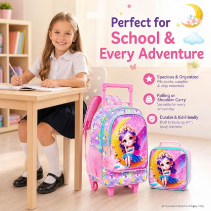 3PCS Kids Rolling Backpack, Girls Roller Wheels Bookbag, Wheeled Elementary School Bag with Lunch Bag - Mermaid - color: Moon Xn Zifa Roller