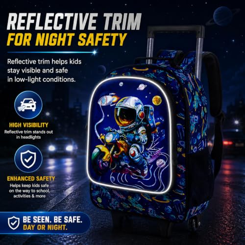 HPJGD 3PCS Astronaut Rolling Backpack for Boys, Kids School Backpacks with Wheels, Water Resistant UV Printed Roller Wheeled Bookbag Set - color: Boys Motorbike Astronauts Rolling Backpack Blue