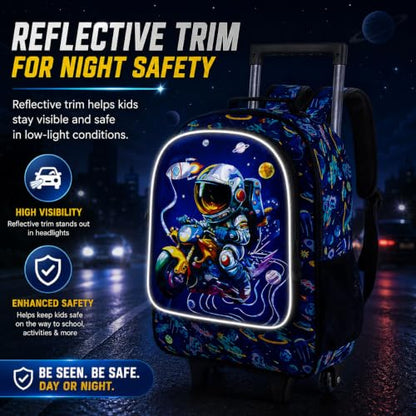 HPJGD 3PCS Astronaut Rolling Backpack for Boys, Kids School Backpacks with Wheels, Water Resistant UV Printed Roller Wheeled Bookbag Set - color: Boys Motorbike Astronauts Rolling Backpack Blue