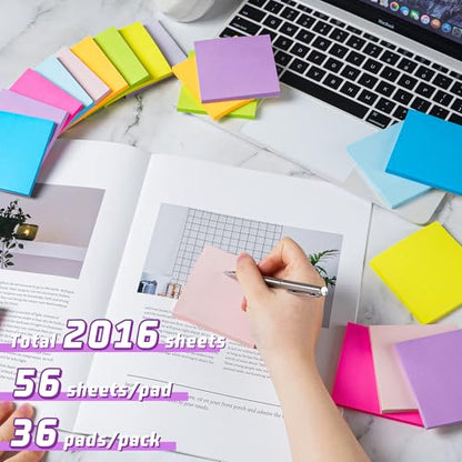 3x3 Sticky Notes 36 Pads, 9 Bright Colors Self-Adhesive Memo Pads, Strong Adhesive, Perfect for Office Desk, Home Reminders, School, Notebooks - color: Bright Color