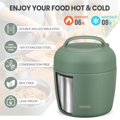 wiwens Thermo Food Jar for Hot Food Adults 32OZ Soup Thermo Lunch Containers Wide Mouth Vacuum Insulated Stainless Steel Leakproof Bento Box with Spoon - color: Green3