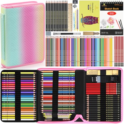 80pcs Drawing Kit Sketching Set Art Sketch Supplies Coloring pencils Kit 48 Colored pencil,14 Graphit, 6 Charcoal, 50 Page 3-Color sketckbook coloring book Portable Case ect. Beginners Artists Adults - color: 80 pack Drawing supplies kit | color gradient