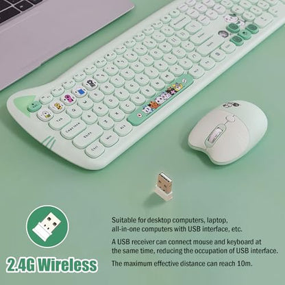 Cute Cat 2.4G USB Wireless Keyboard and Mouse Combo, Silent Keys, Candy Colors, Compatible with Notebook, PC (Green-110Keys) - color: Green-110Keys