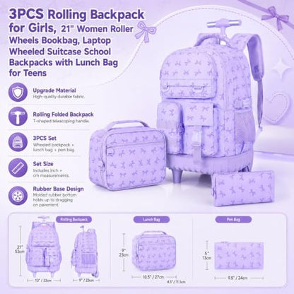 CCJPX Rolling Backpack for Girls, 3Pcs Roller Wheeled School Bookbag, Bow Wheels Backpacks with Lunch Box for Kids (Purple) - color: Bow Purple