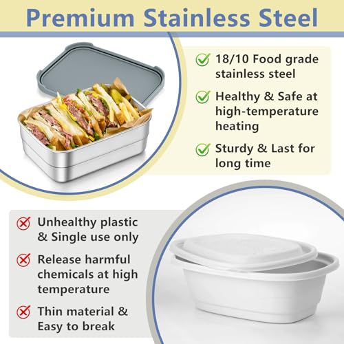 TeamFar Stainless Steel Lunch Box, Food Snack Storage Bento Containers with Silicone Lids for Kids Adults to School Work, Kids Friendly & Dishwasher Safe, Leak-Proof & Easy Open, 25OZ + 8OZ*2 (Grey) - color: Gray