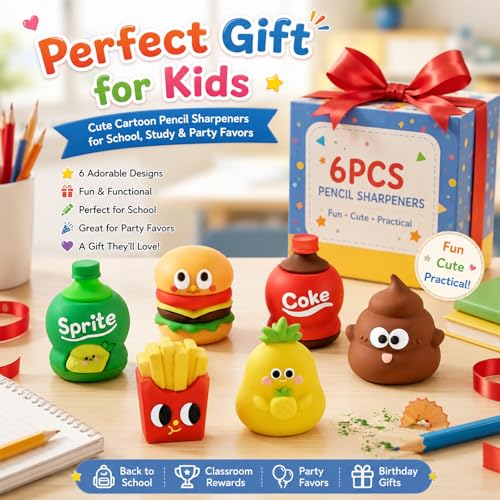 6 PCS Cute Pencil Sharpeners for Kids, Pencil Sharpener Manual (Style 1) | Cute Food Shapes, Compact Travel Size, Smooth Sharpening, Built-in Blade, Easy to Carry, Adorable Desktop Decor - style: Style 1