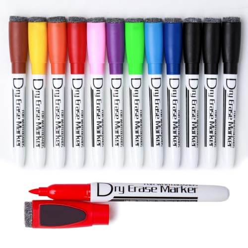 Volcanics Magnetic Dry Wipe Pens Dry Erase Markers With Eraser Cap Low Odor Fine Tip Whiteboard Pens Pack of 12,10 Colors - color: 10 Colors, size: 1 Count (Pack of 12)