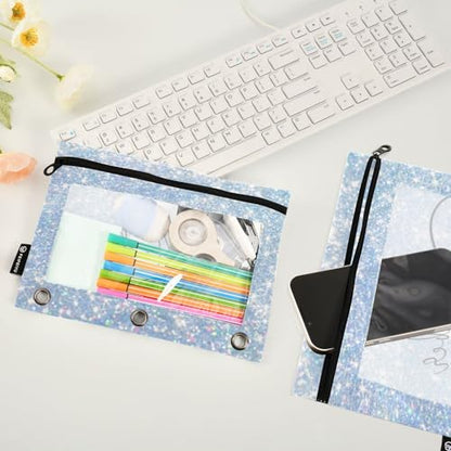Personalized Pencil Pouch for 3 Ring Binder Pearl Shimmering Glitter Shines Custom Pencil Pouches Case Binder Cosmetic Bag 2 Pack for Office School College Supplies - color: Pearl Shimmering Glitter