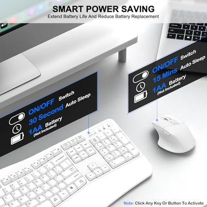 Wireless Keyboard and Mouse Combo, 2.4G Full Size Wave Keys Ergonomic Keyboard with Wrist Rest and 3-Level DPI Adjustable Wireless Ergonomic Mouse for Windows, Mac OS Desktop/Laptop/PC(White) - color: White